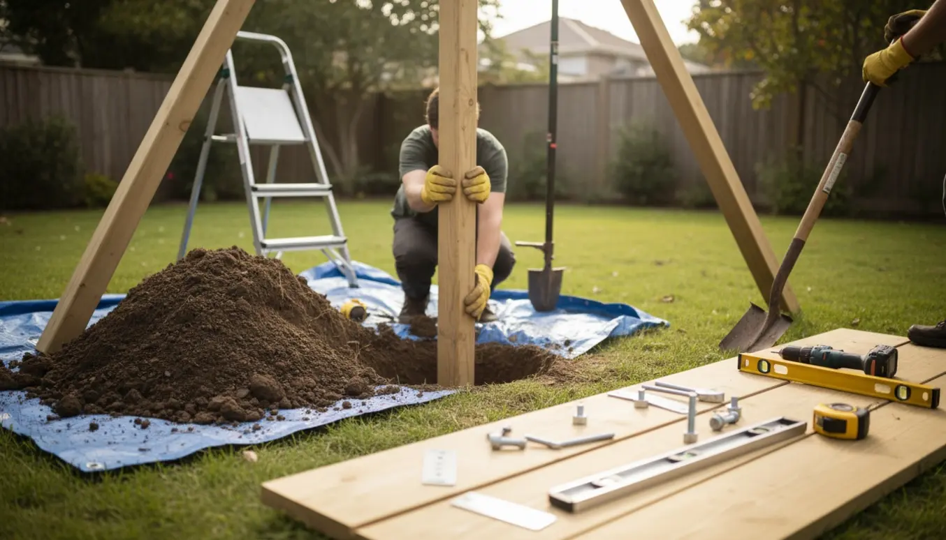 Træ-legepladsstativ sættes i et nyslået hul i haven med værktøj og jord ved siden af.