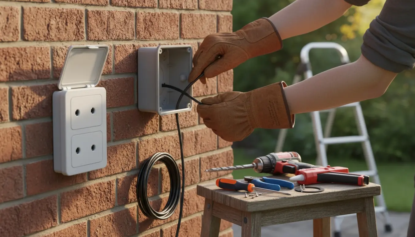 Hænder monterer en udendørs dobbeltstikkontakt på en mur med værktøj og et kort kabel.