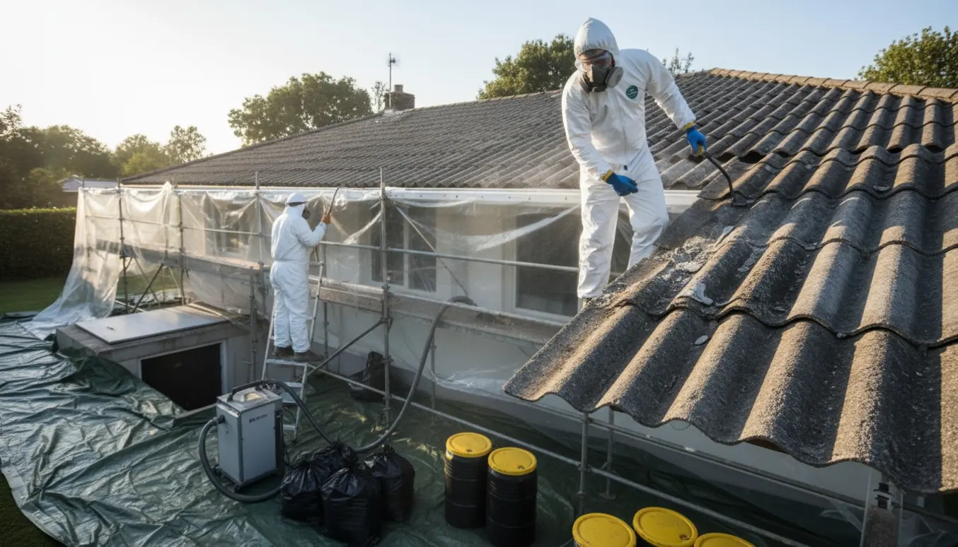 Arbejder i beskyttelsesdragter fjerner asbesttag fra et etplans hus med stillads på begge sider og pakker materialet i forseglede containere.
