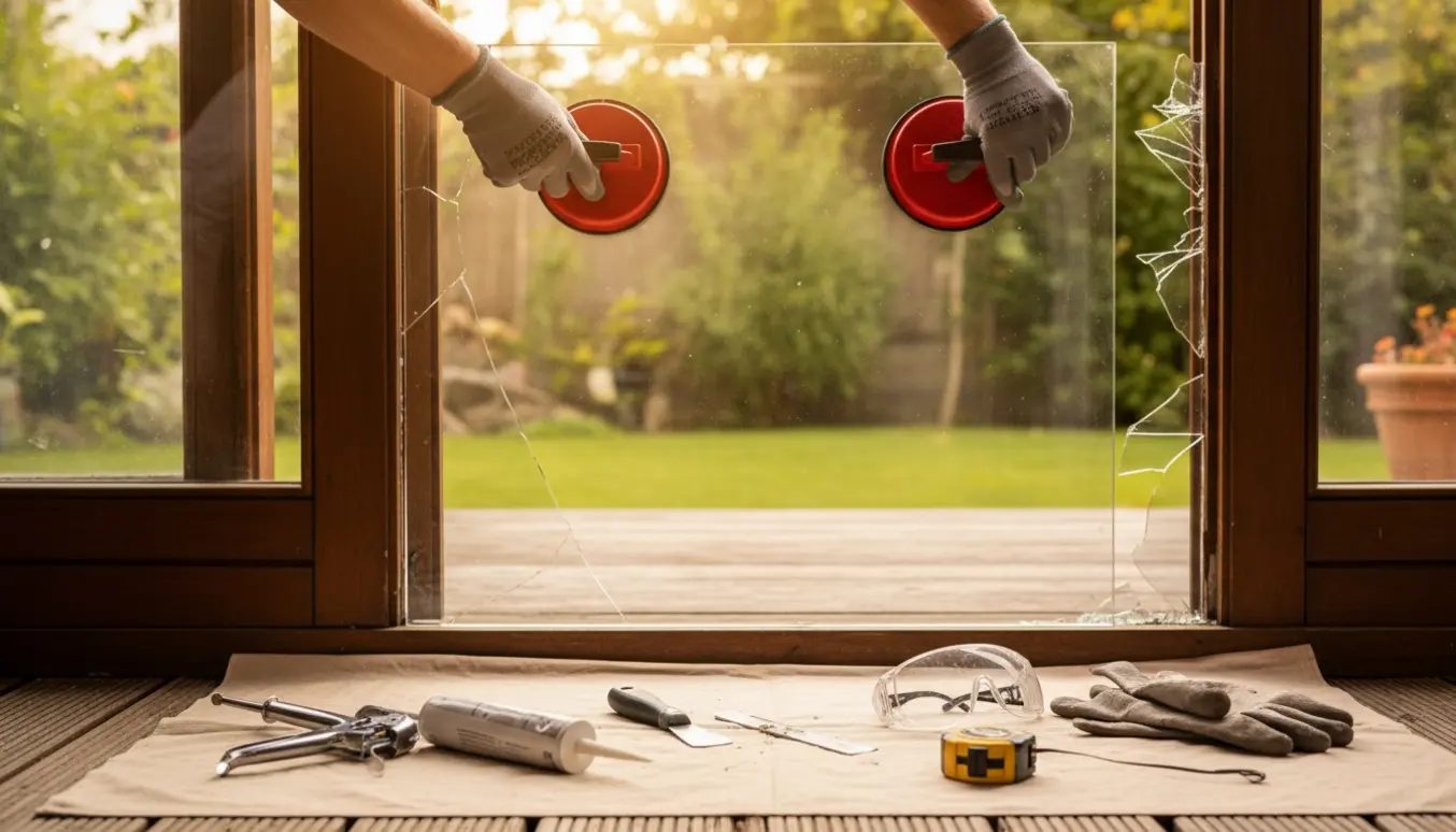 En glarmester forbereder udskiftning af en knust rude i en havedør med værktøj og nyt glas ved siden af.