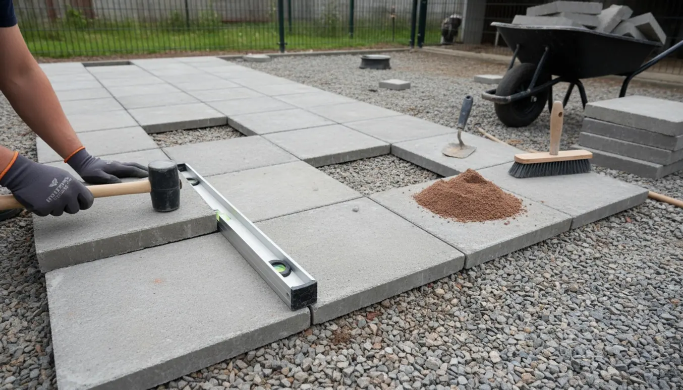 Nærbillede af udlægning og udskiftning af 50x50 cm betonfliser i en hundegård med værktøj og ekstra sten klar.