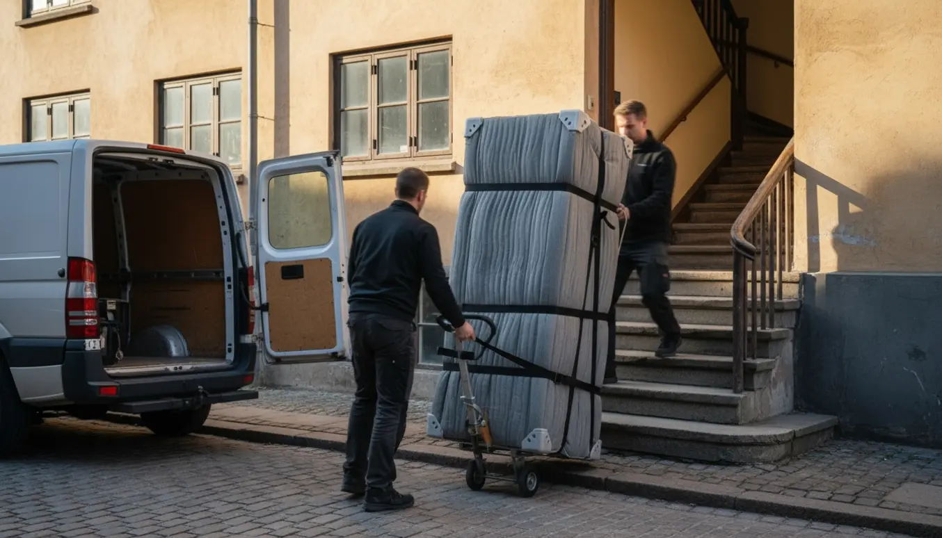 Stor køleskab på dolly, pakket ind og sikret, bæres op ad trappen til en lejlighed i København.