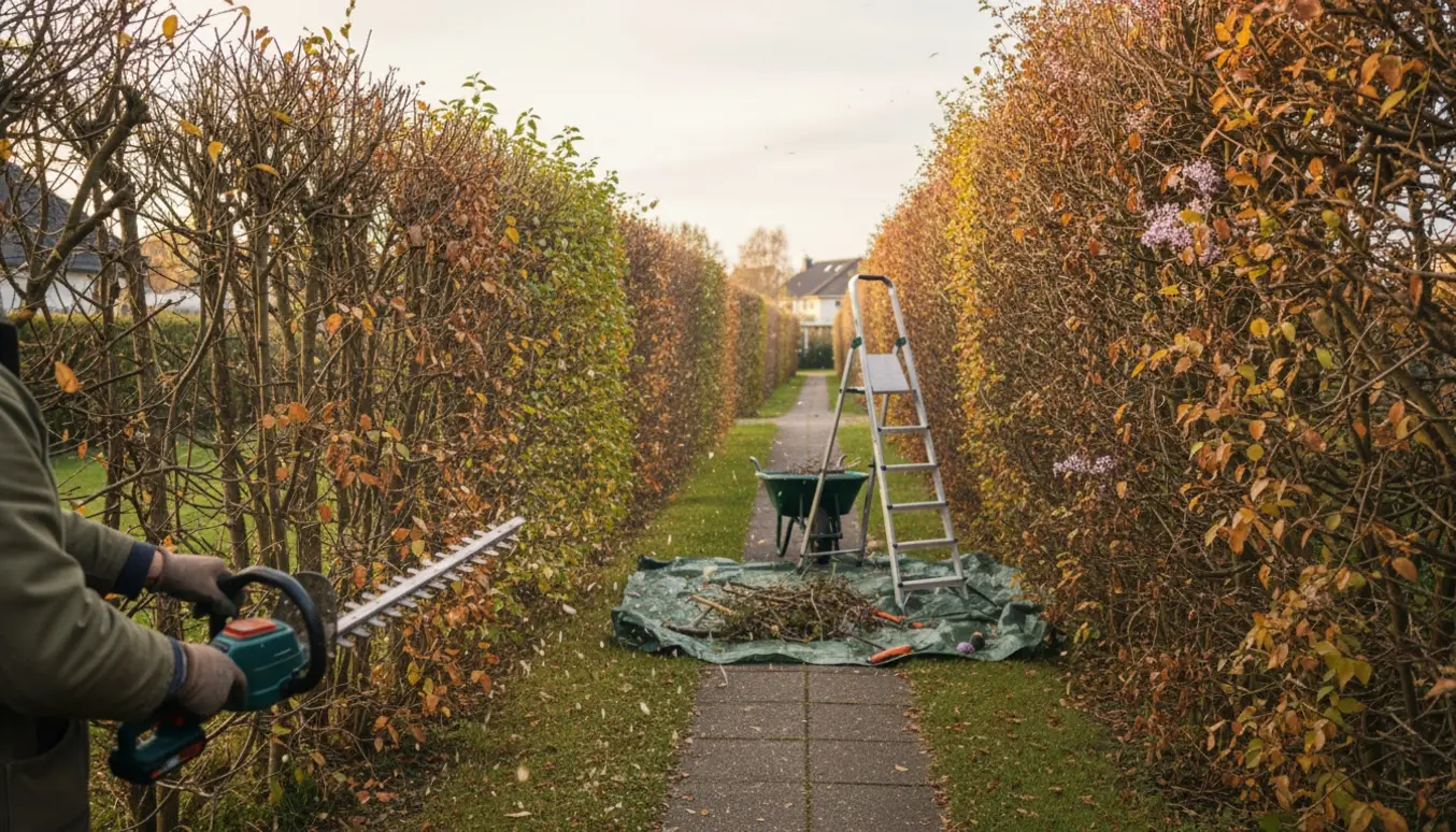 Gartner trimmer en lang syrenhæk ned til cirka to meter med klippede grene samlet ved stien.
