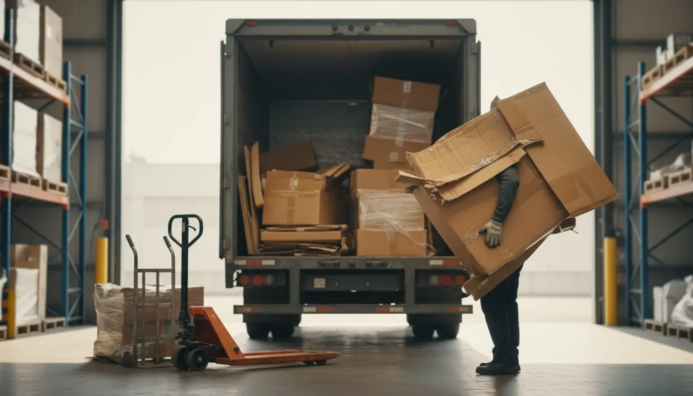 En lagerarbejder læsser pap og papkasser ind i en lukket trailer ved et åbent læsserum.