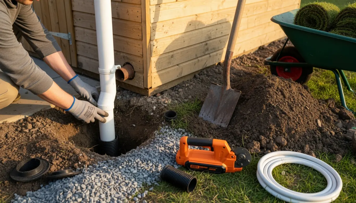Handskerede hænder monterer nyt afløbsrør i en udgravet rende ved et skur.