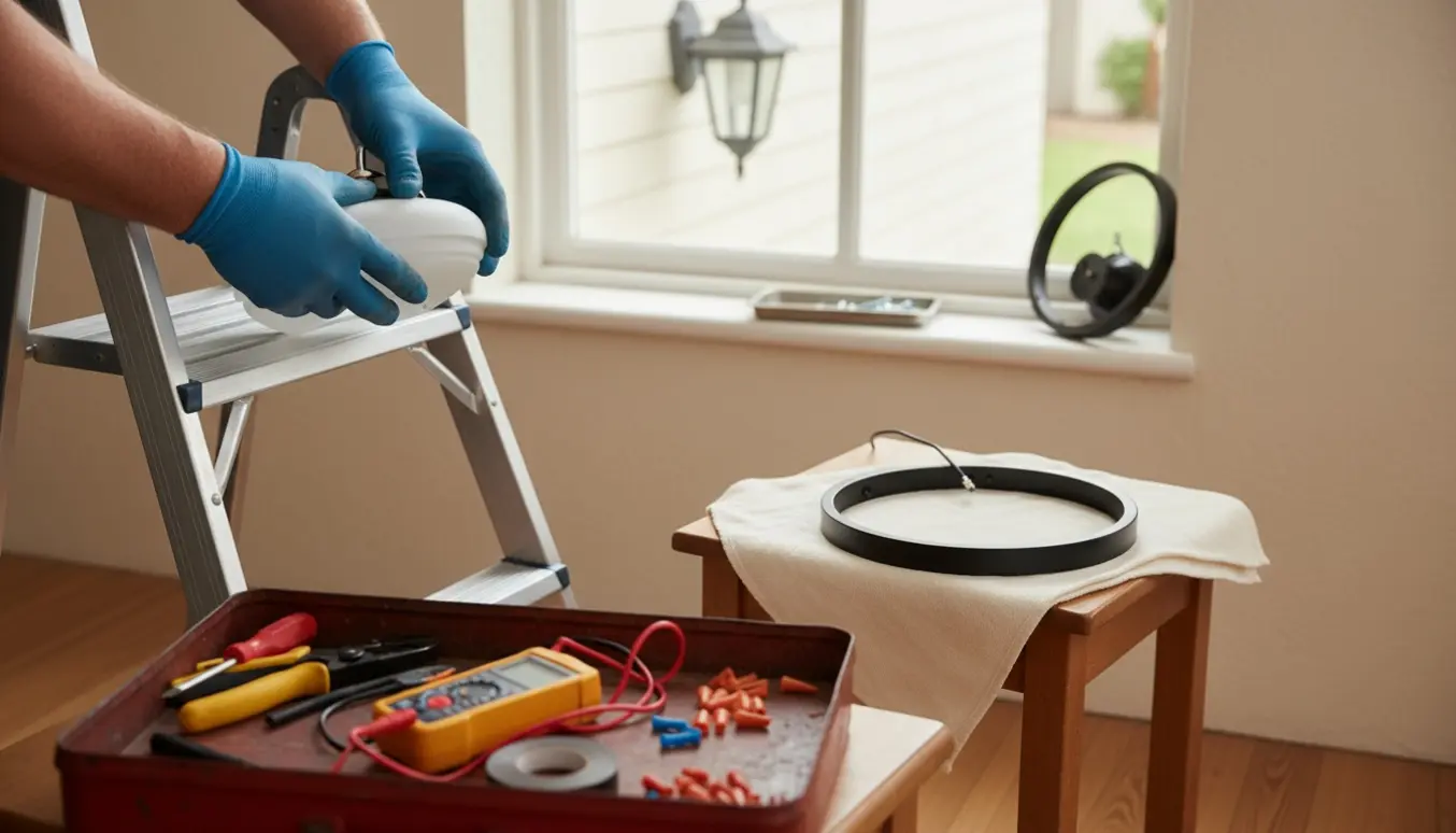 Elektriker i handsker skifter en loftlampe indendørs med værktøj i forgrunden og en udendørs væglampe synlig gennem vinduet.