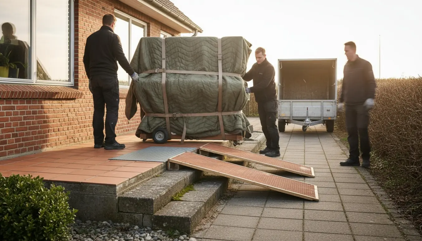 Flytteteam ruller et indpakket klaver ned ad trapper fra huset og videre langs en flisegang mod en trailer.