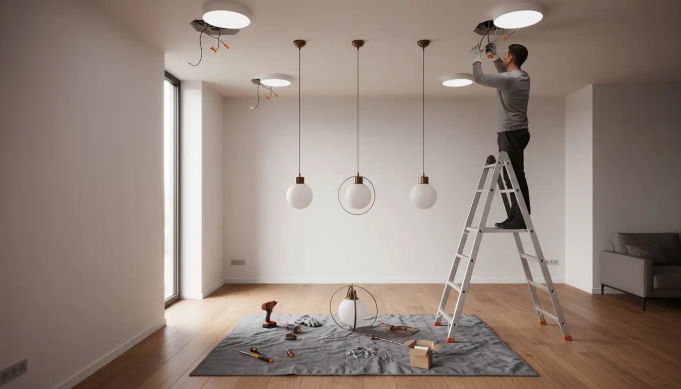 Elektriker monterer to indbygningslamper og tre pendler på et højt loft, kun hænder vist, med værktøj og ledninger i klart fokus.