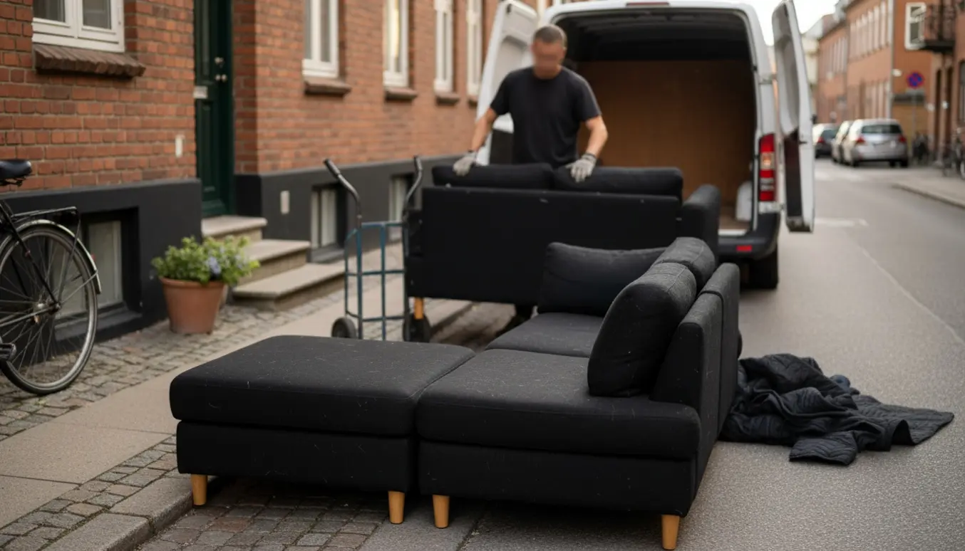 Sort hjørnesofa adskilt i tre dele på fortovet foran en opgang, klar til afhentning.