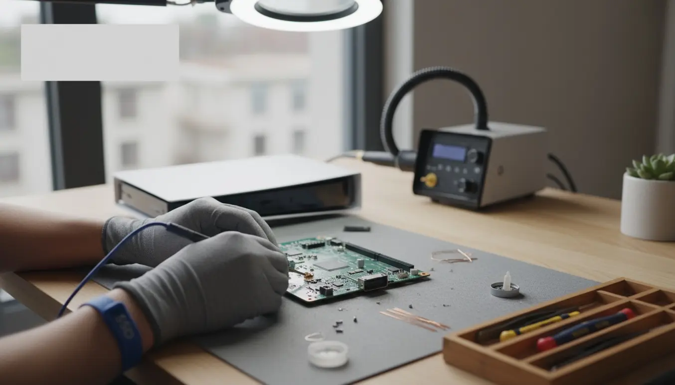 Nærbillede af en tekniker i Hjørring, der udskifter HDMI-porten på en åben PS5 på et ryddeligt værksted.