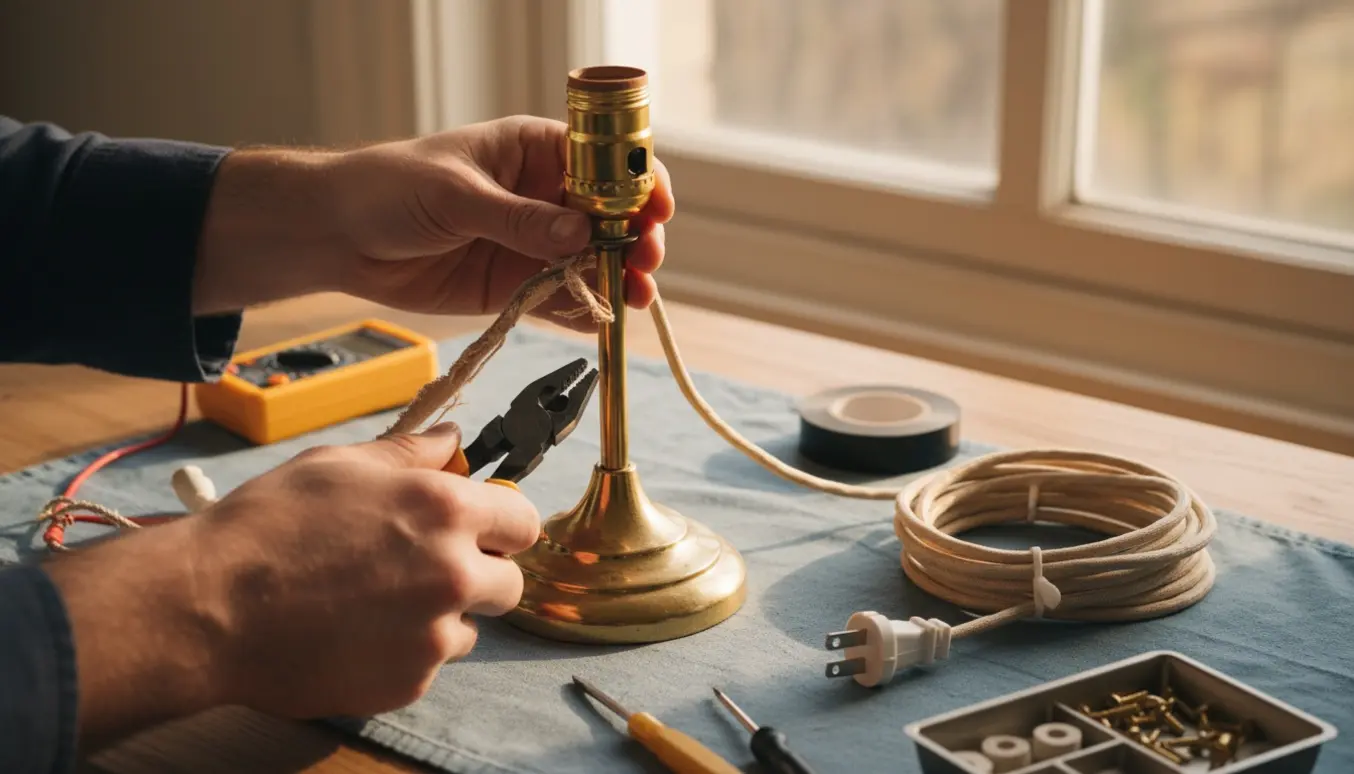Nærbillede af hænder, der udskifter ledning og stik på en lille bordlampe ved et arbejdsbord.