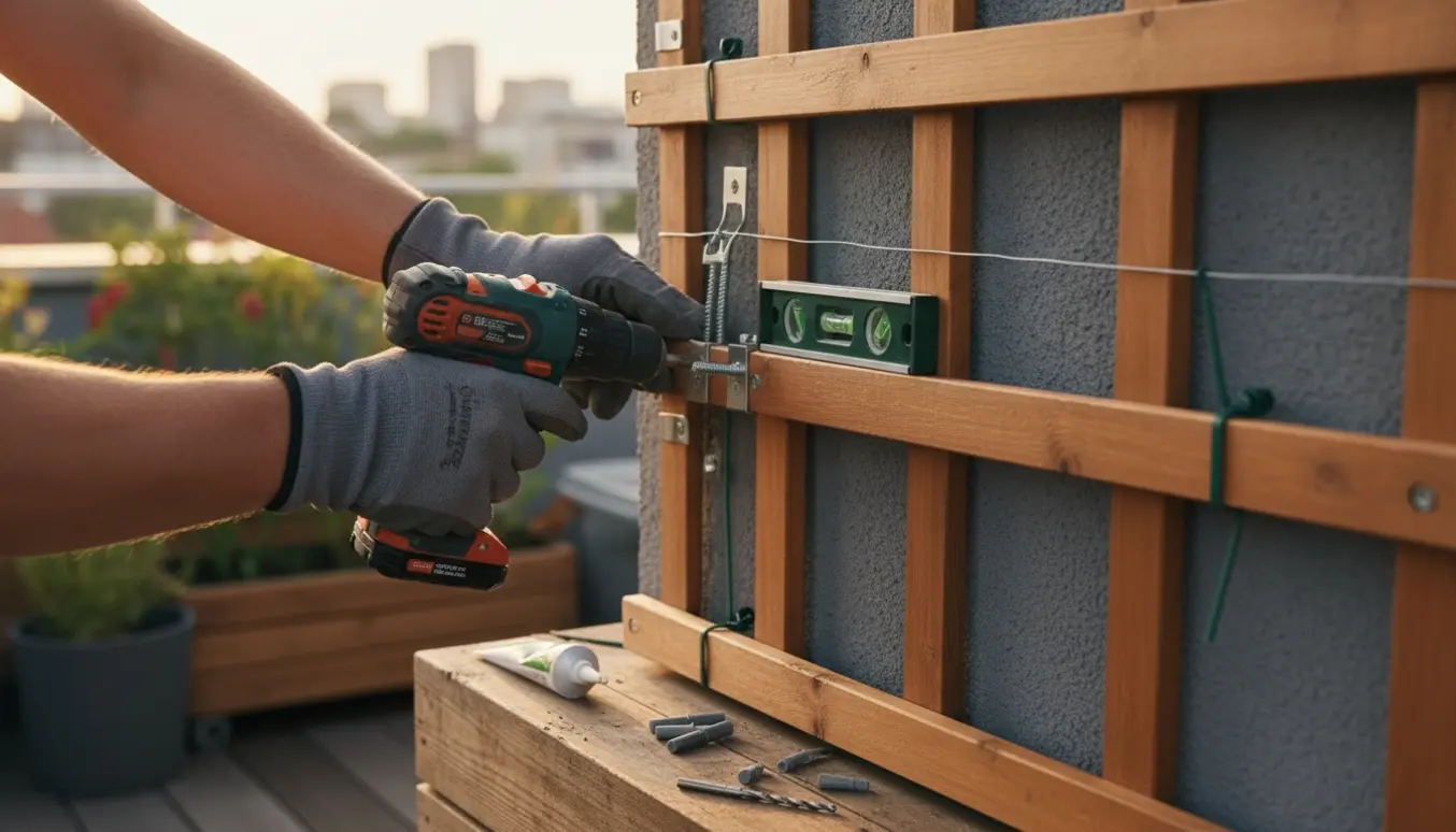 Reparation af træespalier på en tagterrasse med handsker og boremaskine mod en grå STO-pudset væg.