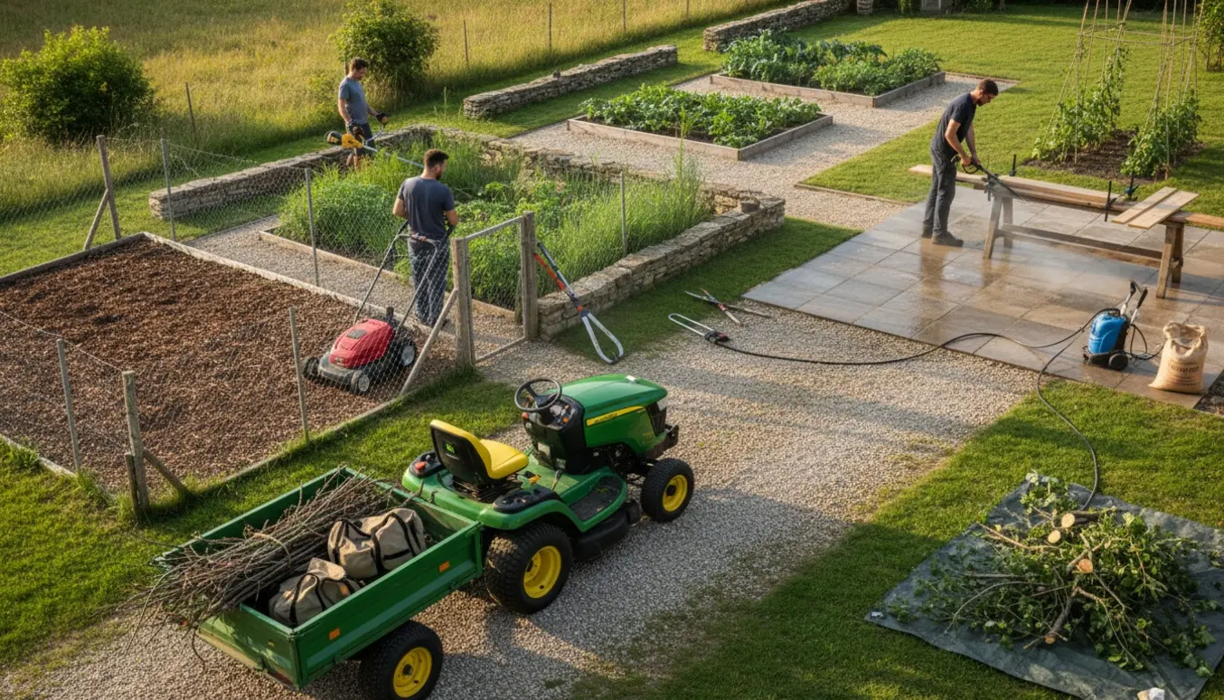 Gårdhave med traktor, plæneklipper og værktøj ved græsslåning, kantning og rensning af terrasse.