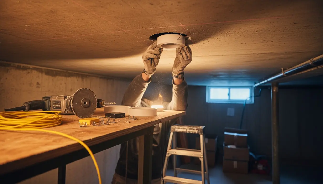 Hænder installerer indbygningsspots i et betonloft i en mellemstor kælder.