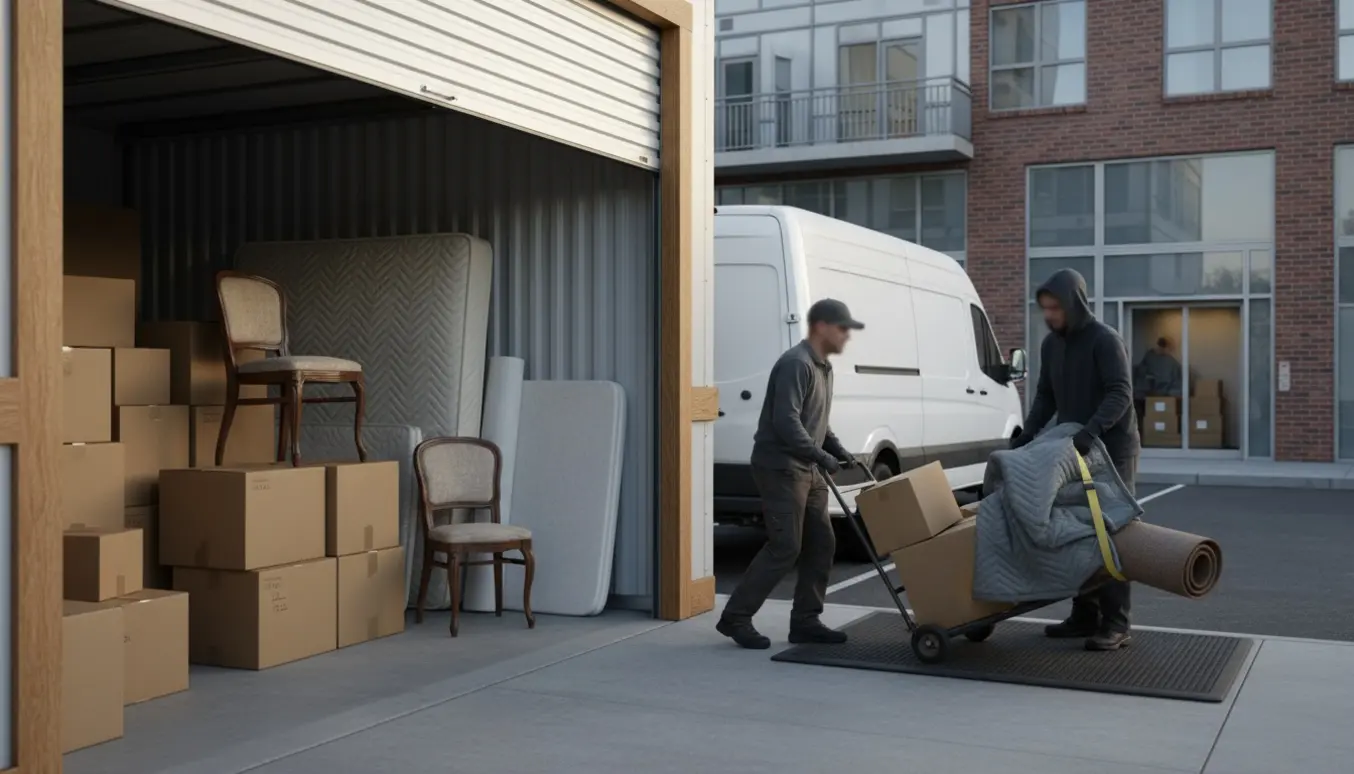 Flyttescene med åbent depotrum, stabler af flyttekasser, en indpakket madras og en flyttebil med lift.