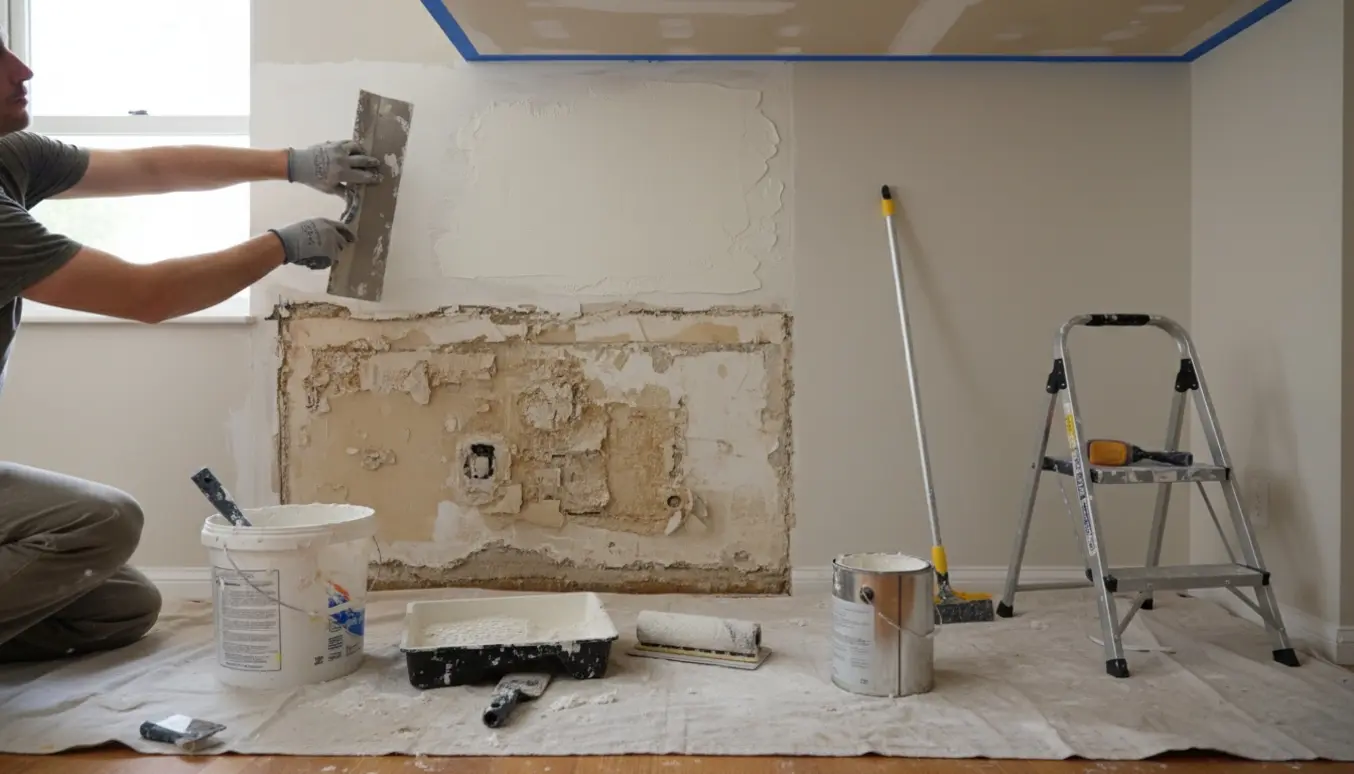 Køkkenvæg under renovering med handsker på hænder, hvor spartelmasse påføres og en del er nymalet i satinfinish.