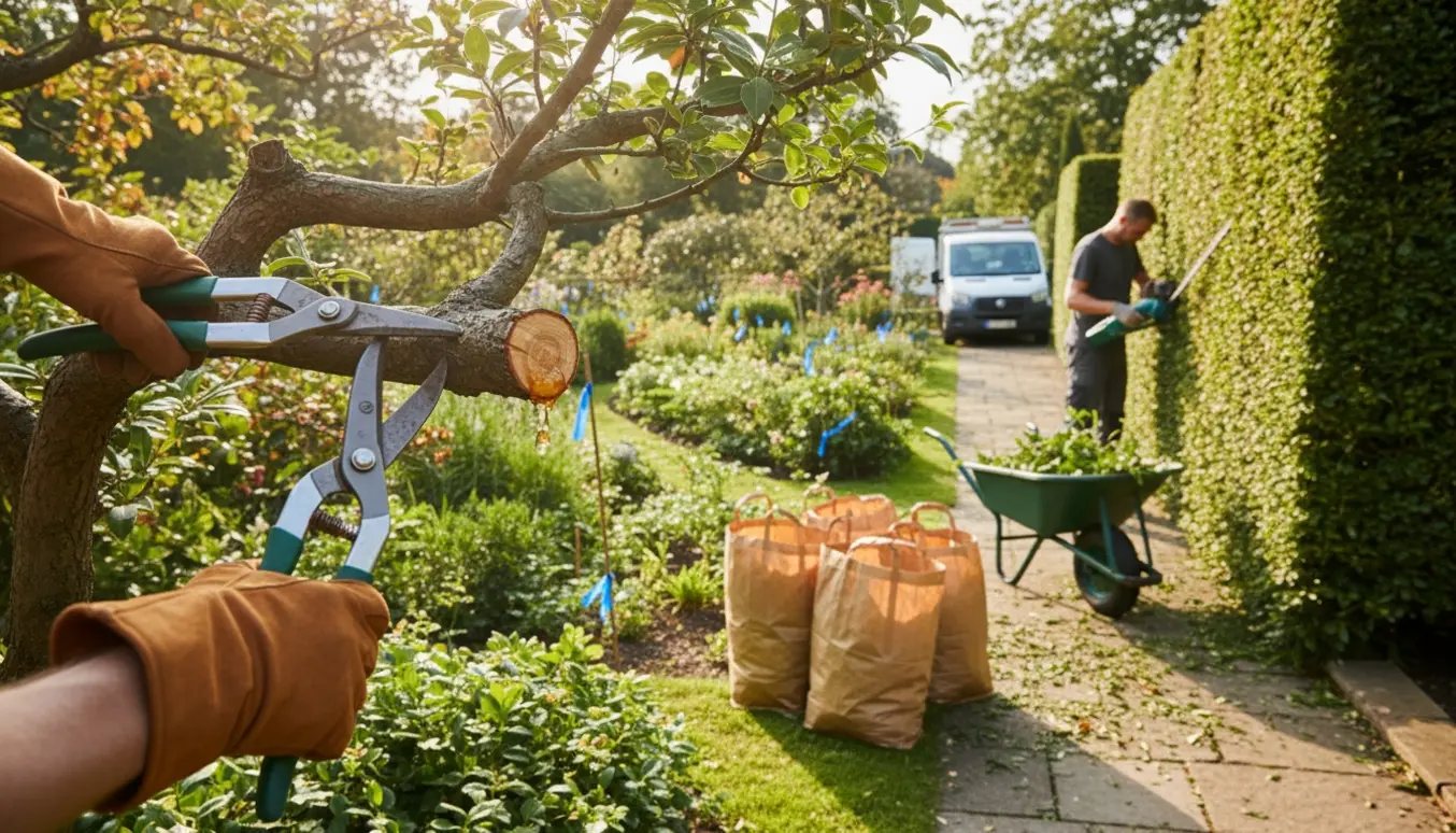 Nærbillede af beskæring og hækkeklipning med blå markering af sektion og grønt affald klar til bortkørsel.