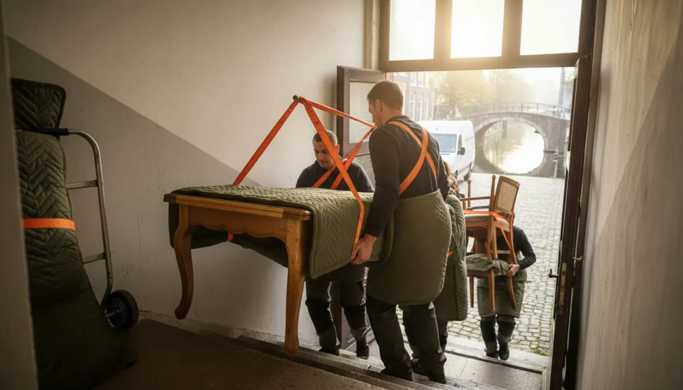 Flyttefolk bærer et 2 m spisebord og stole op ad trappe til 2. sal med flyttebil og bro i baggrunden.