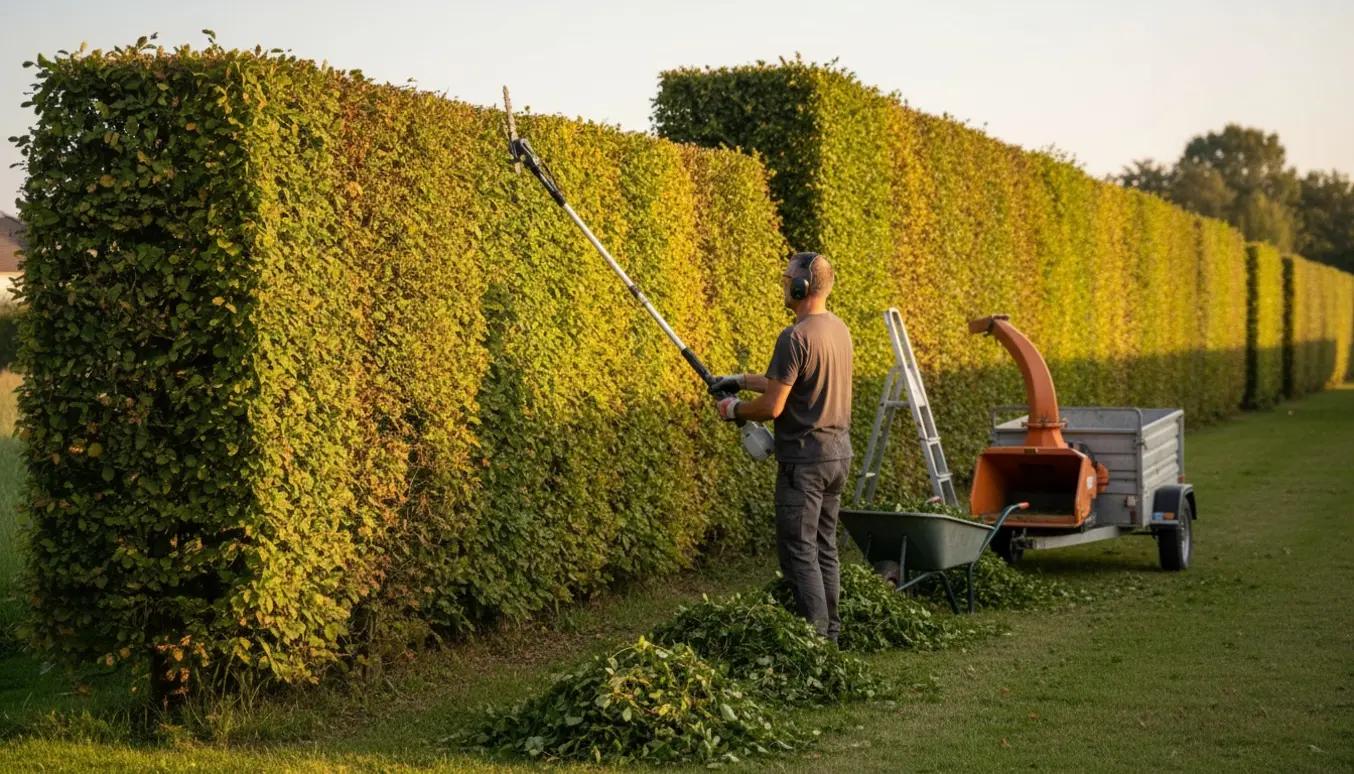 Lang bøg hæk beskæres professionelt med stanghækkeklipper, flishugger og bunker af afklip i forgrunden.