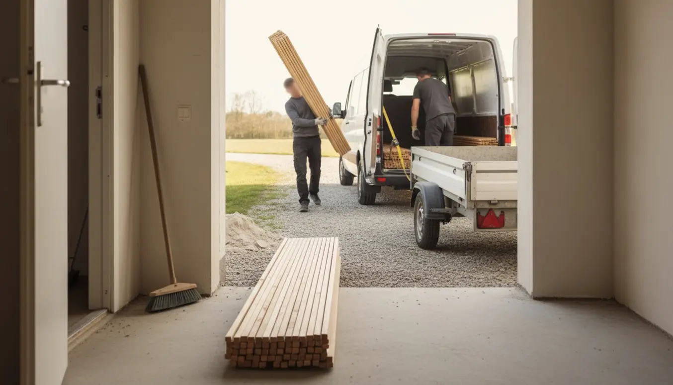 Tynde trælameller bæres ud af et hus og lastes i en ubrandet varevogn.
