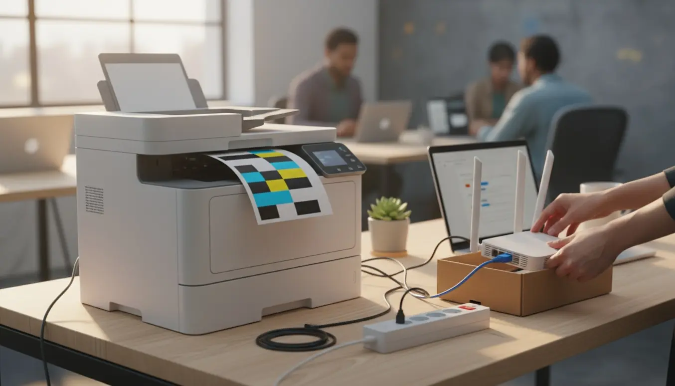 Et delt kontorbord med en multifunktions farvelaserprinter og en router, hvor hænder tilslutter kabler.