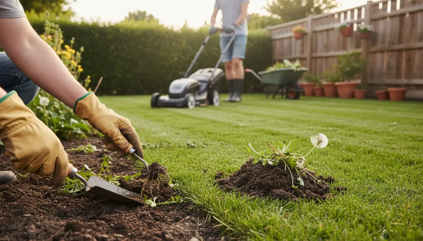 Handskerede hænder fjerner ukrudt i en have med nyslået græs og nyklippet hæk.
