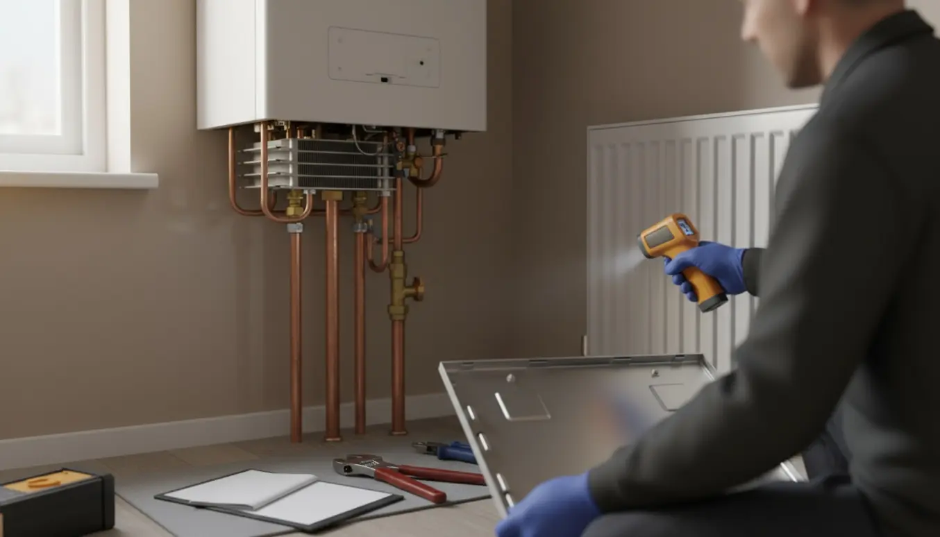 Teknikers handsker holder et åbent gasfyr til eftersyn i et anneks, med værktøj og radiator i baggrunden.