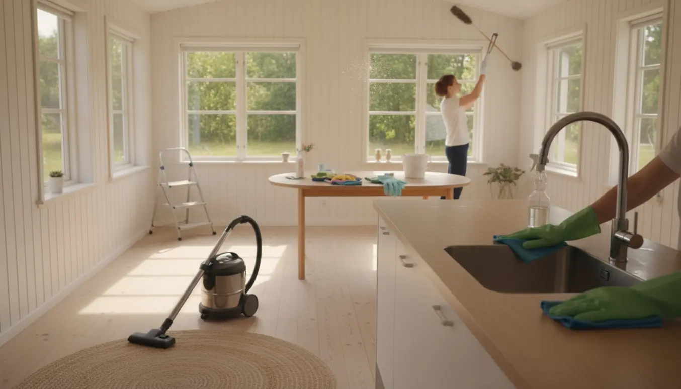 Indvendigt sommerhus under rengøring med støvsuger på trægulv, aftørring af køkkenbord og fjernelse af spindelvæv.