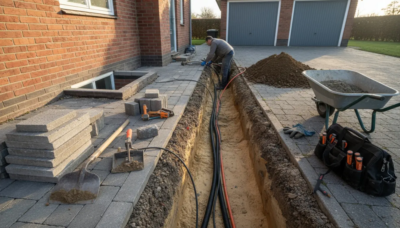 Grøft til kabelinstallation med fjernede fliser og brosten mellem hus og garage.