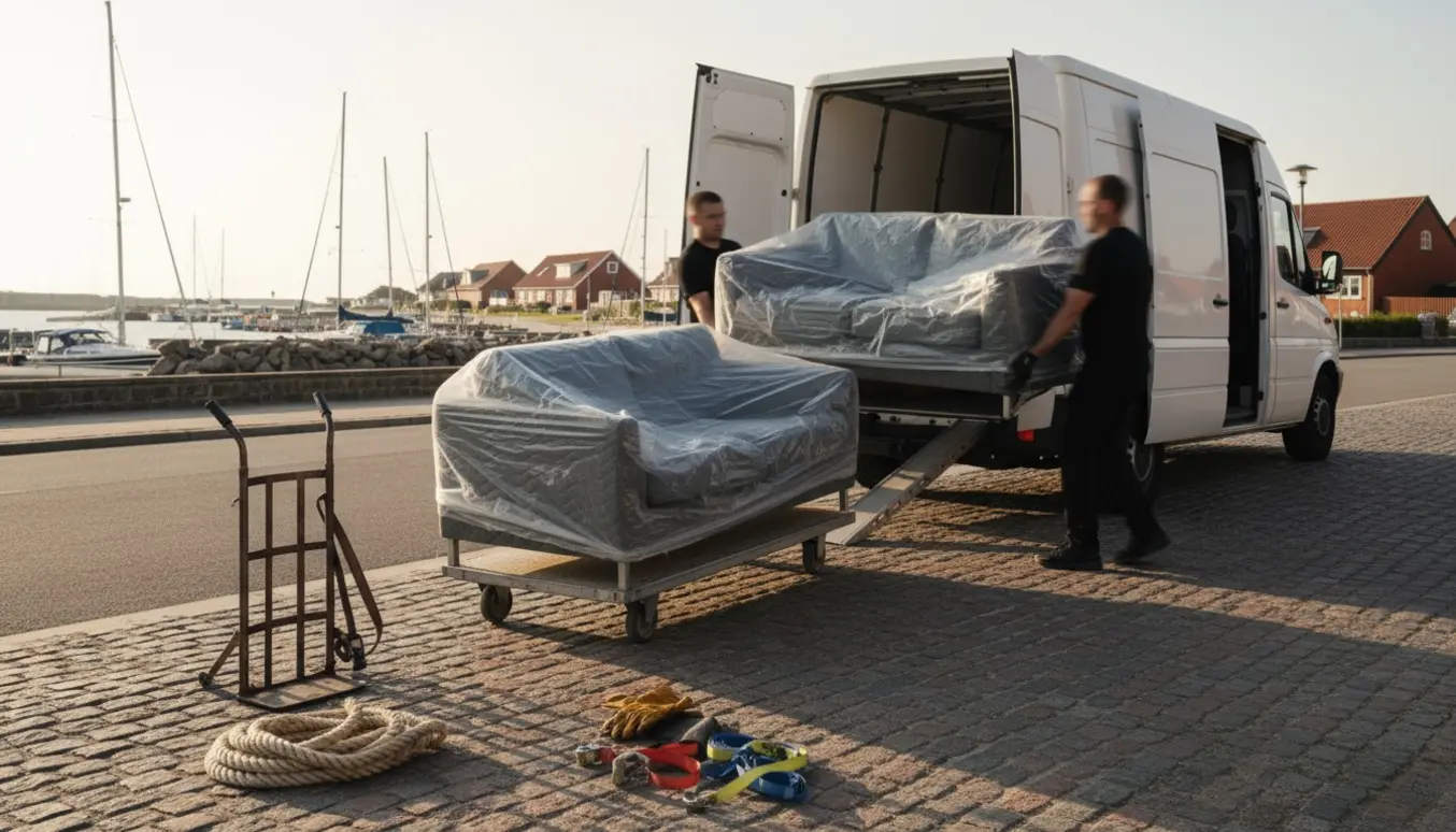 To to-personers sofaer læsses i en flyttevogn i Juelsminde med flyttetæpper og surringsstropper.