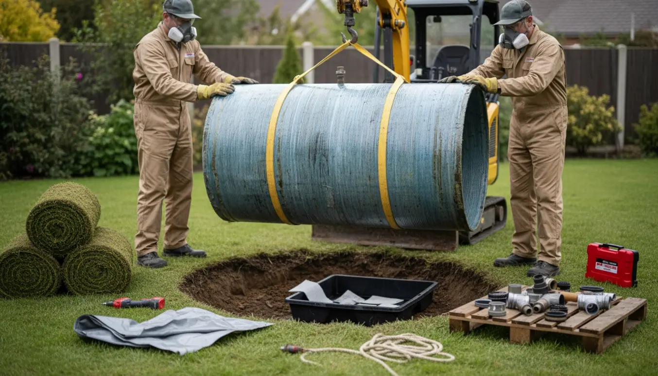 En glasfiber olietank løftes op af en udgravning med kran, mens teknikere styrer løftestropper og absorberende klude opsamler dryp.