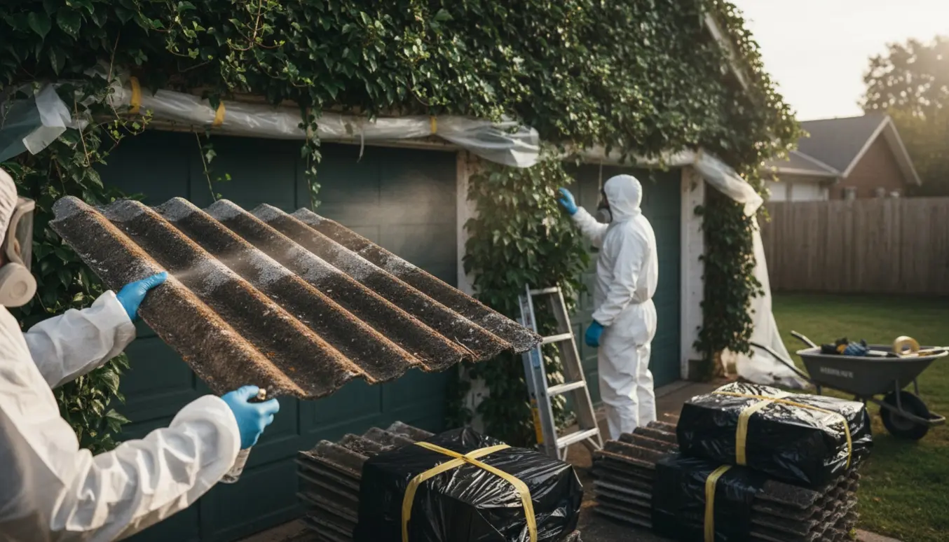 Fjernelse af efeubegroet eternittag på en gammel dobbelgarage med håndværkere i beskyttelsesudstyr, plader pakket i sorte sække.