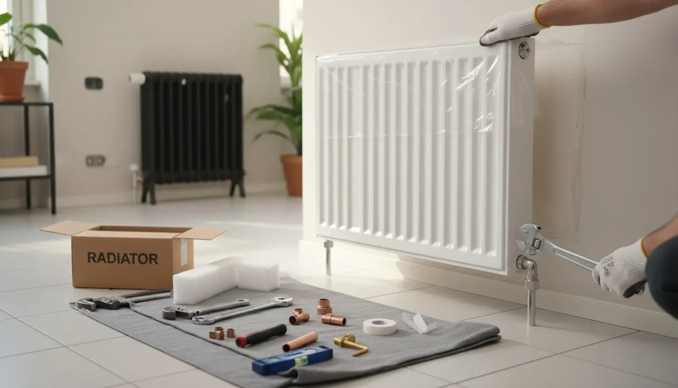 Installering af en ny Type 22-radiator (800×600 mm) med værktøj og ventilhus, set tæt på hænderne der monterer ventilen.