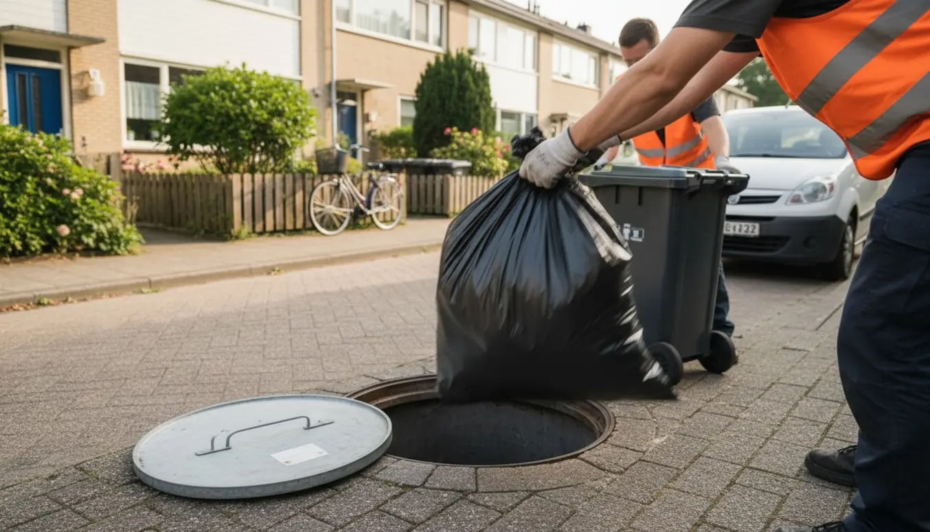 Affald bliver løftet op fra en åben molok på en stille boligvej af arbejdere i refleksveste.