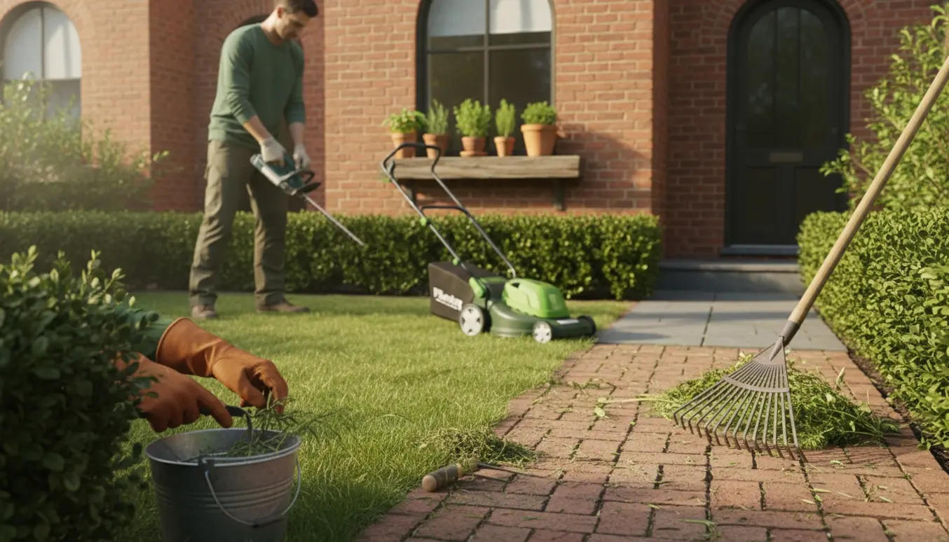 En person trimmer hæk og fjerner ukrudt i en lille byhave med græsslåmaskine og rive.