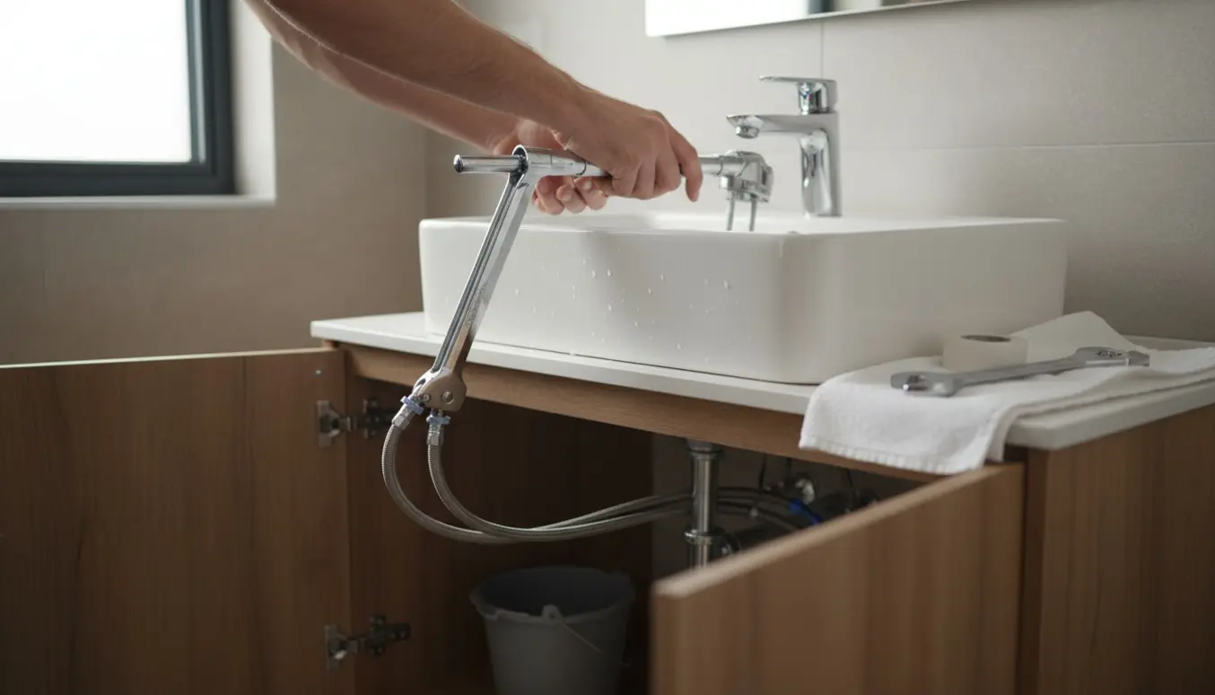 Hænder installerer et nyt chrome, sensorstyret blandingsbatteri på en hvid håndvask med åbent underskab og værktøj.