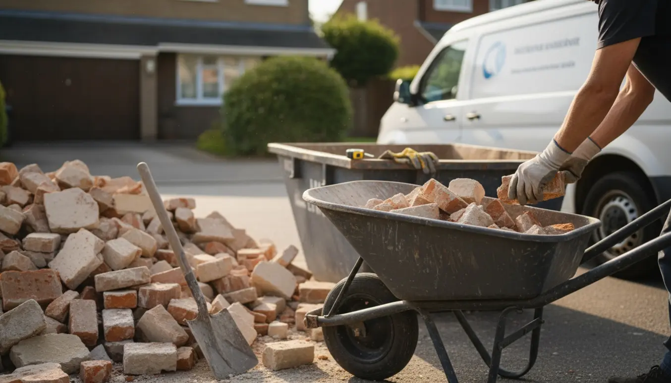 Bunke murbrokker på en indkørsel ved en åben container og trillebør, klar til bortskaffelse.