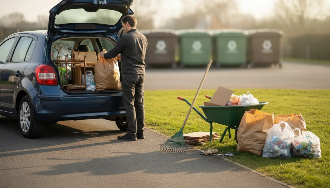 Åben bil bagagerum læsses med sorteret haveaffald og genbrugseffekter ved genbrugspladsen.
