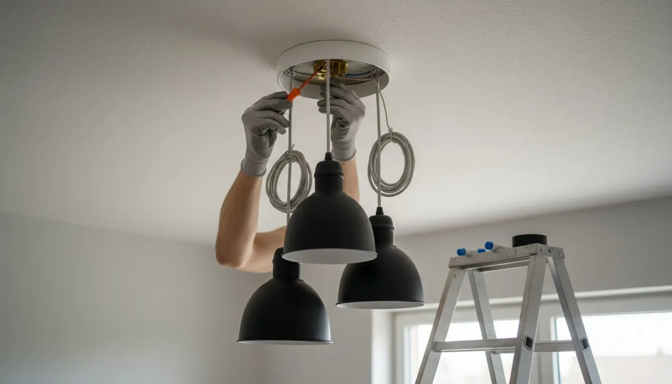 Hænder monterer tre pendler i en loftroset med en stige i baggrunden.