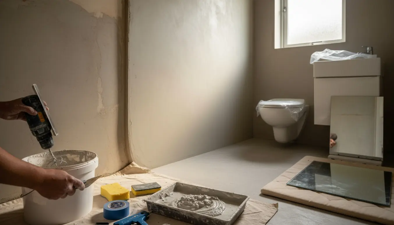 Lille toilet i renovering med lys microcement på vægge og gulv og nyt toilet og håndvask klar til montering.