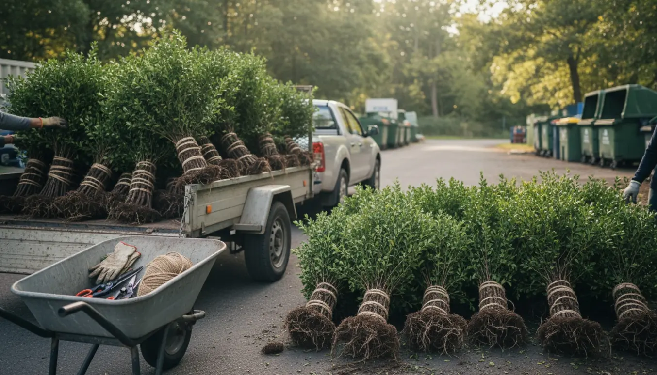 En trailer læsset med opgravede ligusterhæksplanter klar til aflevering på genbrugspladsen.
