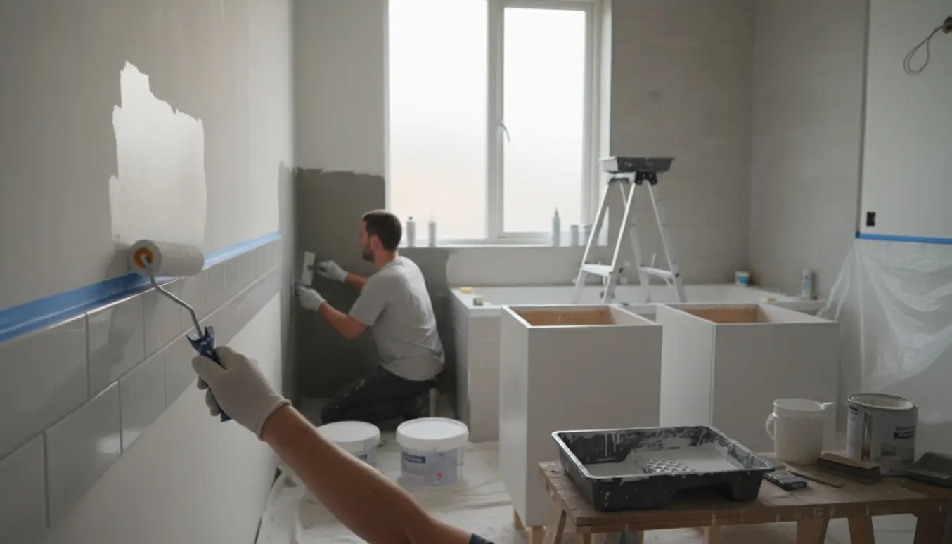 Badeværelse under renovering med hånd, der maler væggen, vådrumsspartel i brusehjørnet og to skabe under maling.