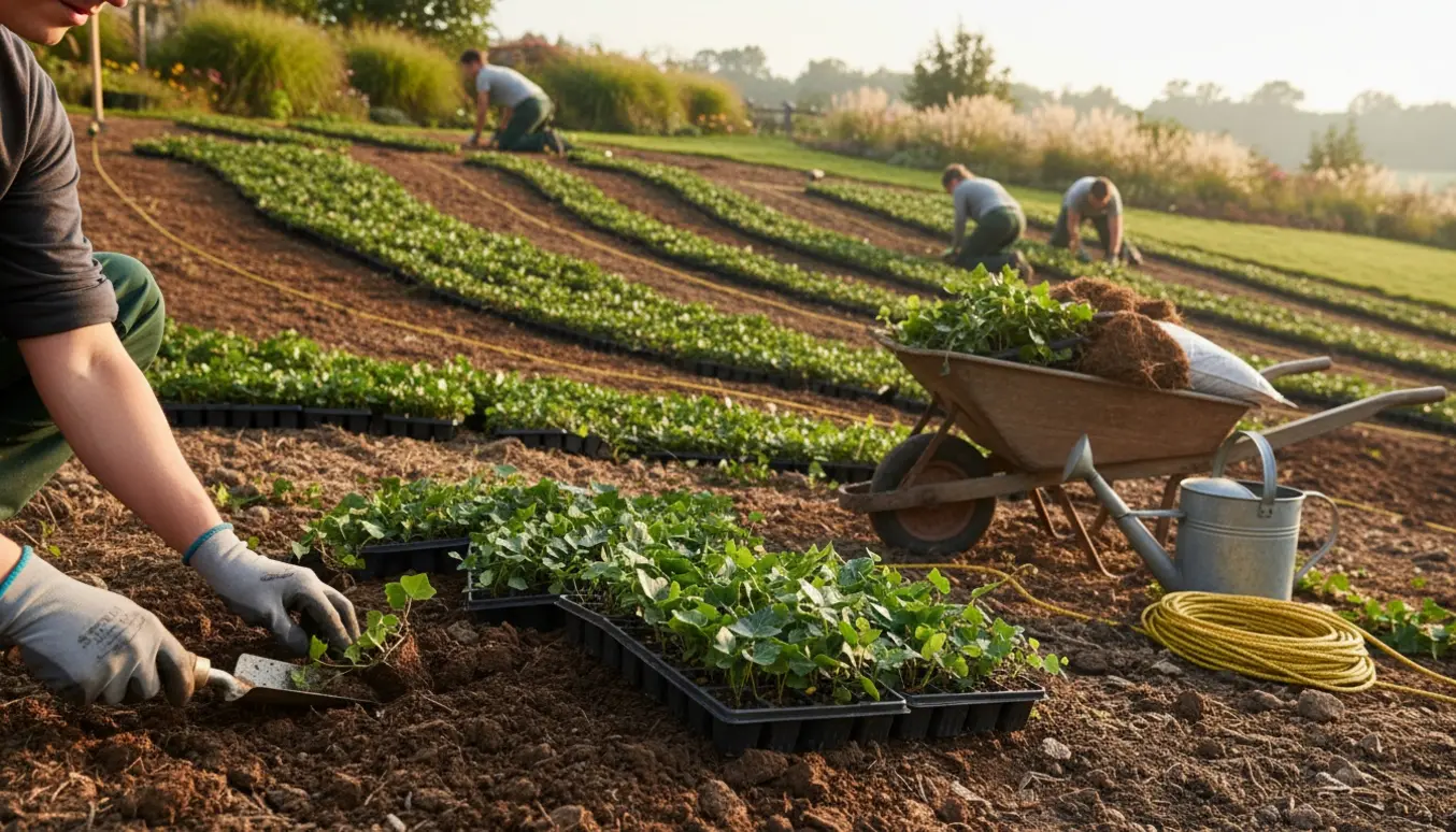 Handsker og spade planter efeu i en stejl skrænt med plantebakker og trillebør i morgensol.