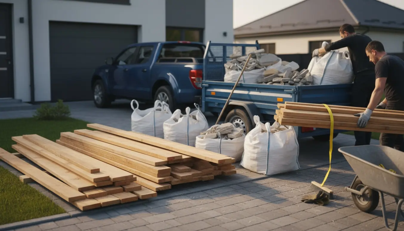 Bil og trailer lastes med træ og sække med byggeaffald i indkørslen ved et hus.