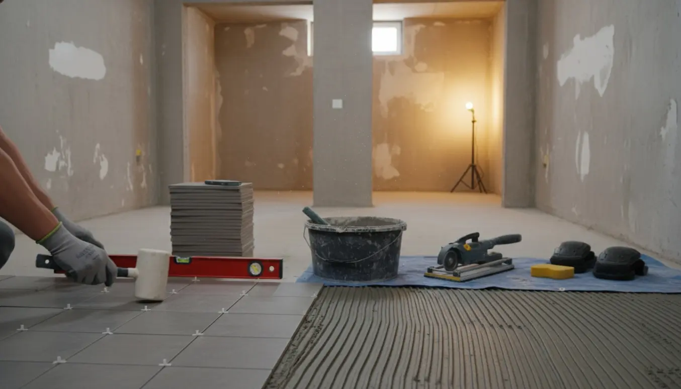 Hænder lægger kvadratiske klinker på et betongulv i et kælderrum med værktøj omkring.