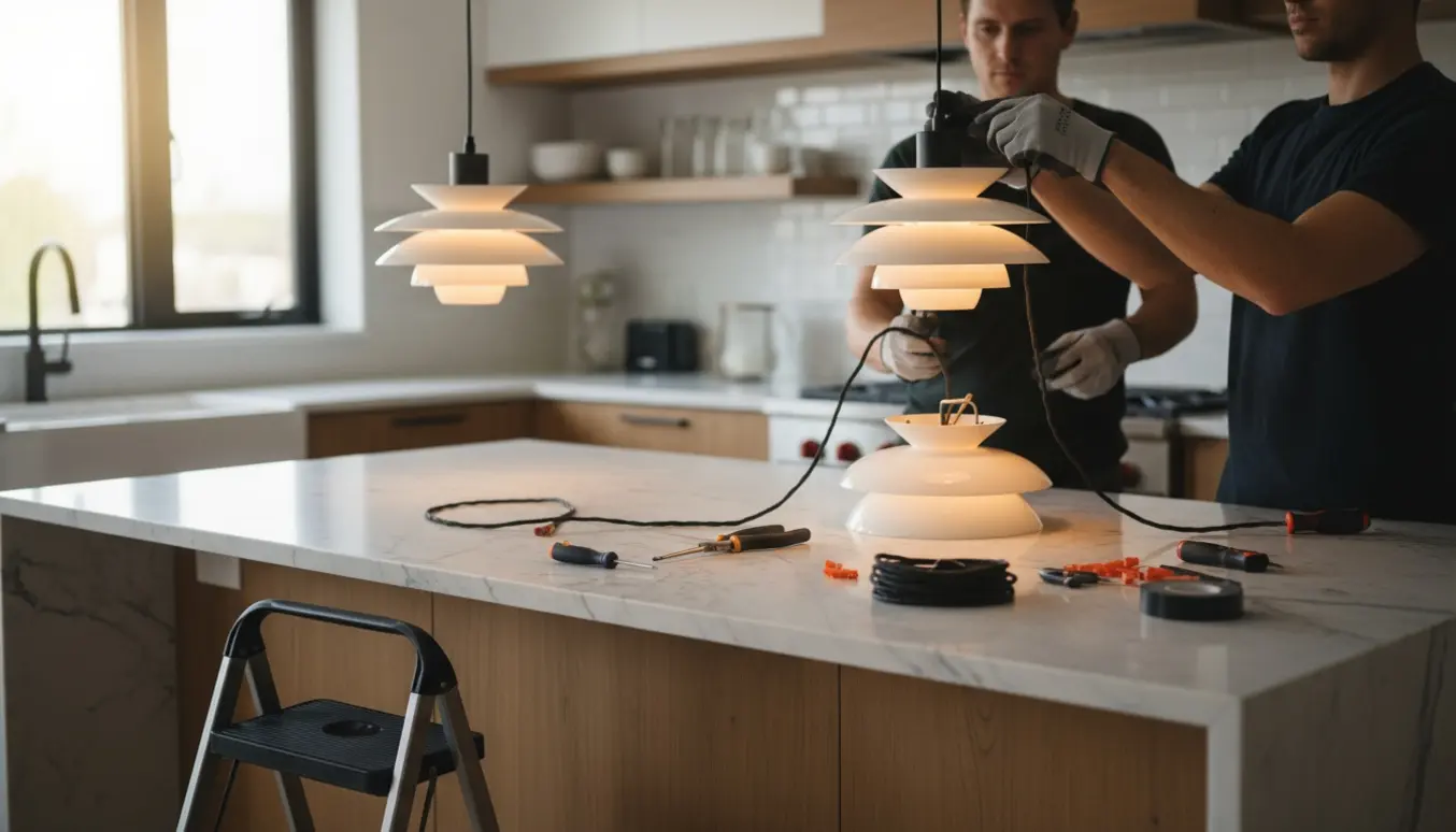 To PH-lamper over en køkkenø, hvor hænder skifter til længere stofforsynede ledninger med værktøj på bordet.