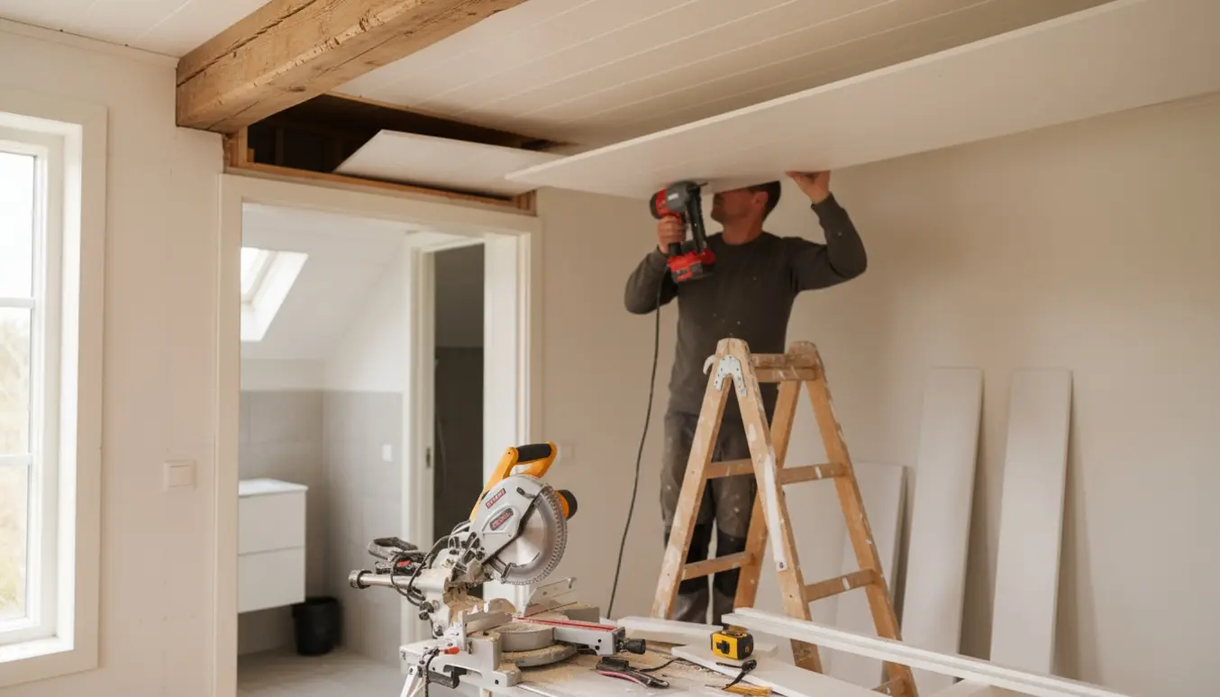 Håndværker monterer hvide Huntonit-loftbrædder i et lyst sommerhus med synlig bjælke og værktøj omkring.