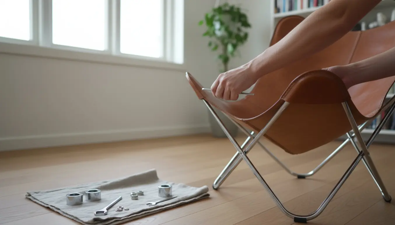 Hænder samler en Cuero Butterfly-stol med kromstel og brunt lædersæde i et lyst rum.