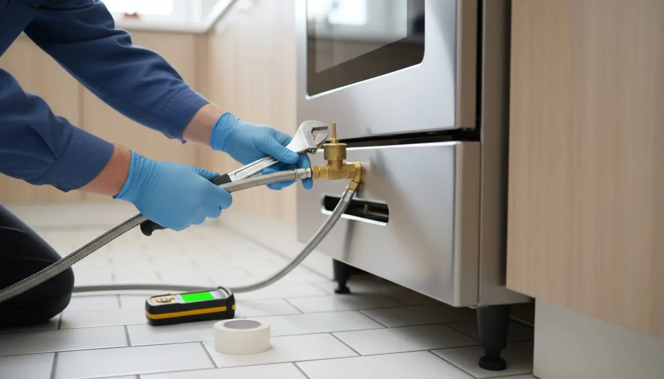 Tekniker tilslutter gaskomfur i et moderne køkken, kun hænder og værktøj synlige.