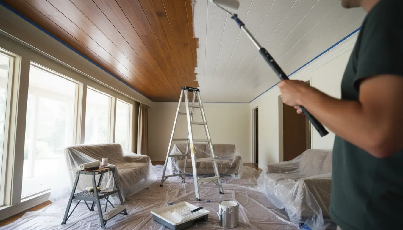 Et brunt 1970'er-loft i træimitat er delvis malet hvidt med rulle, omringet af stige, malerbøtte og afdækningsplast i et lyst rum.